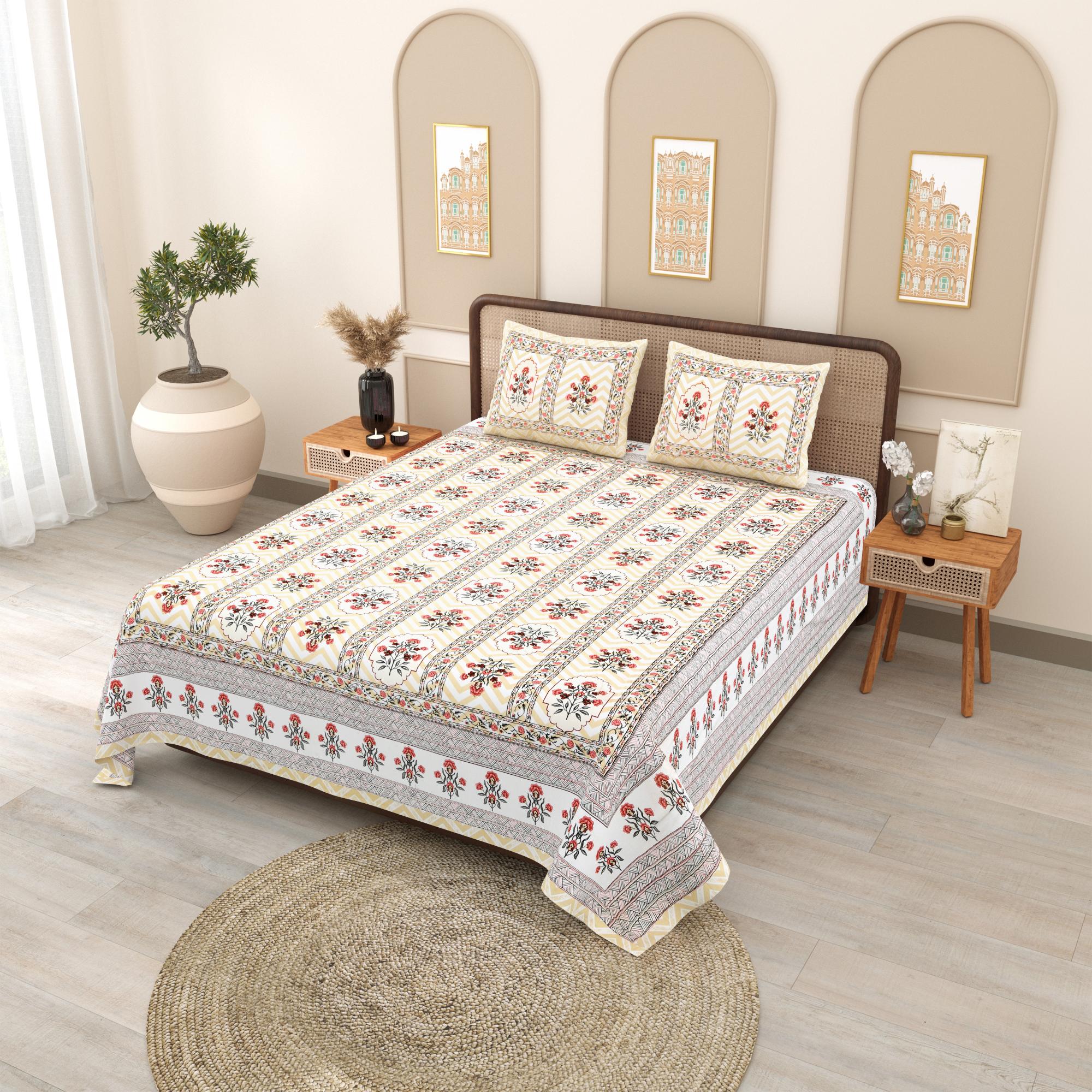 PHULKARI 90*108 Inch Premium Quality DOUBLE Bedsheet with 2 Pillow Covers (17*27 Inch)