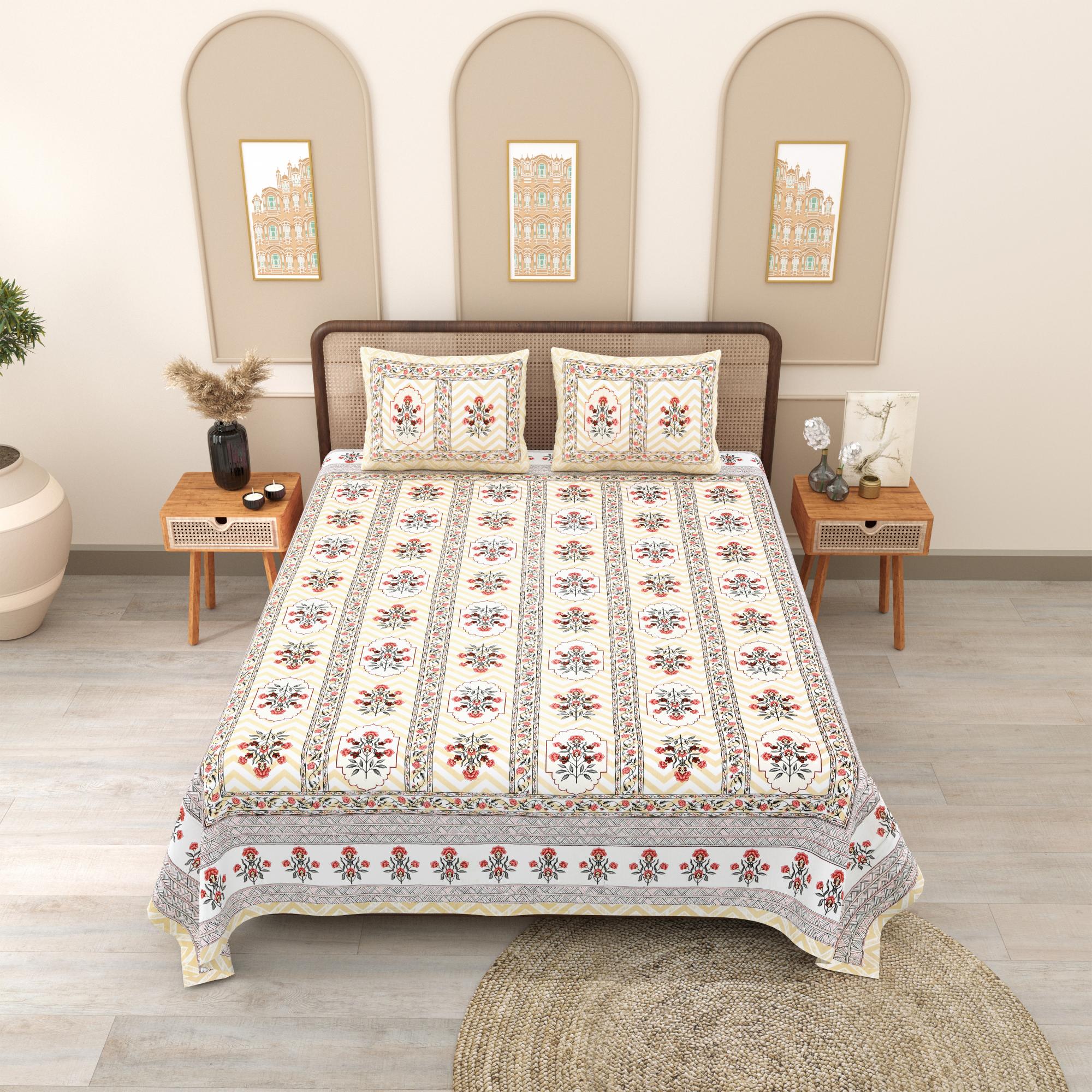 PHULKARI 90*108 Inch Premium Quality DOUBLE Bedsheet with 2 Pillow Covers (17*27 Inch)