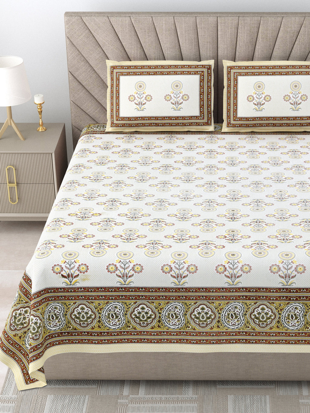 250 TC Pure Cotton | Multicolor Traditional Jaipuri Prints | Premium Quality King Size Bedsheet with 2 Pillow Covers (90*108 Inch)