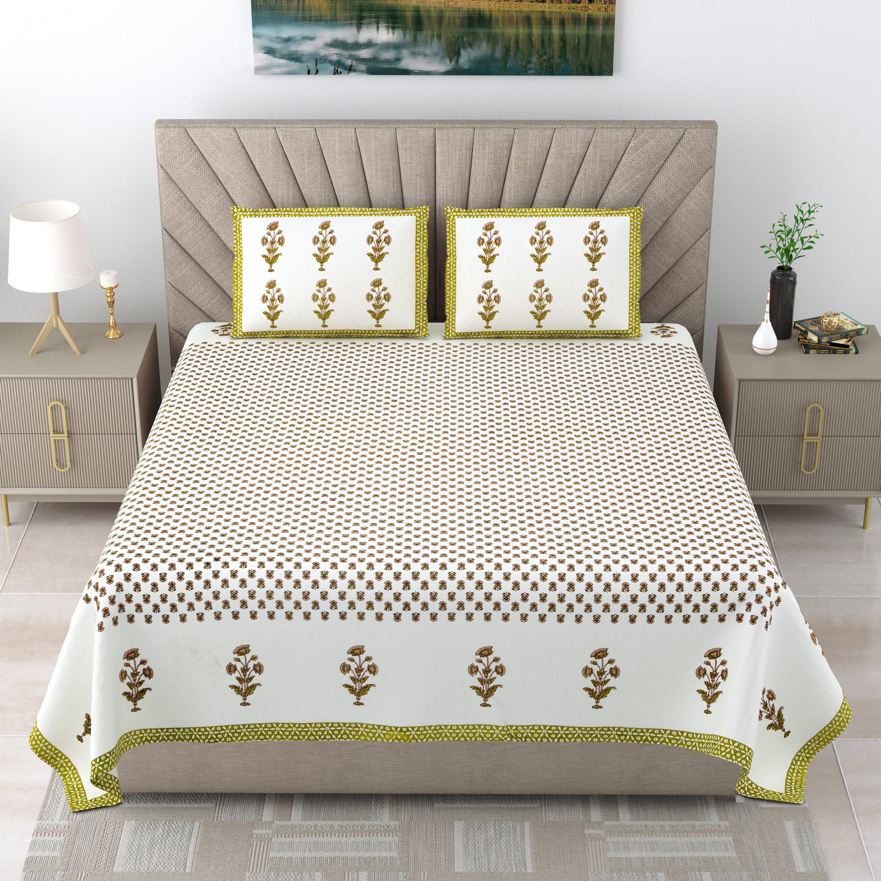 90X108 Inch King Size Pure Cotton 250 TC Premium Bedsheet with 2 Pillow Covers (temporary image)