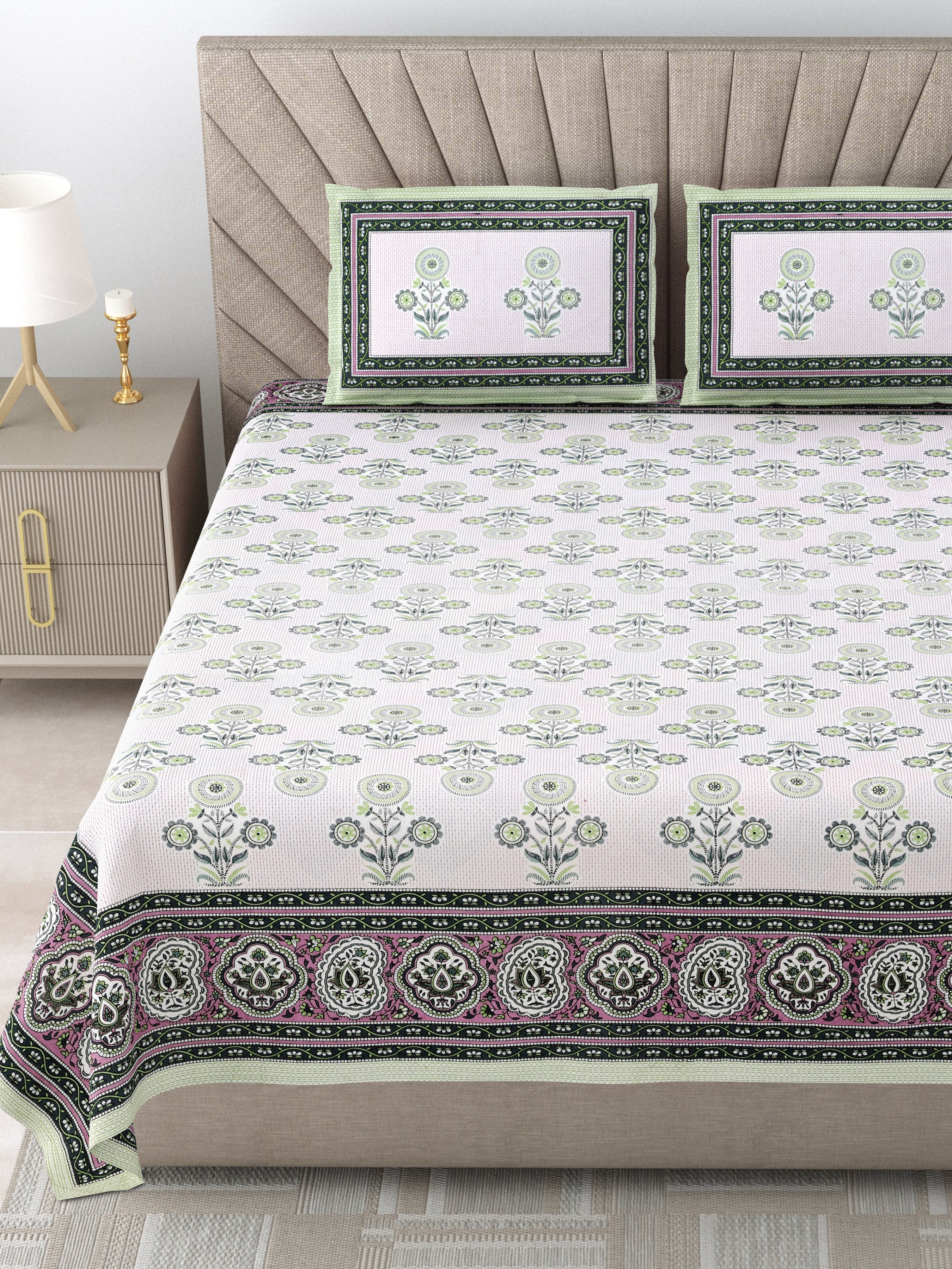 250 TC Pure Cotton | Multicolor Traditional Jaipuri Prints | Premium Quality King Size Bedsheet with 2 Pillow Covers (90*108 Inch)