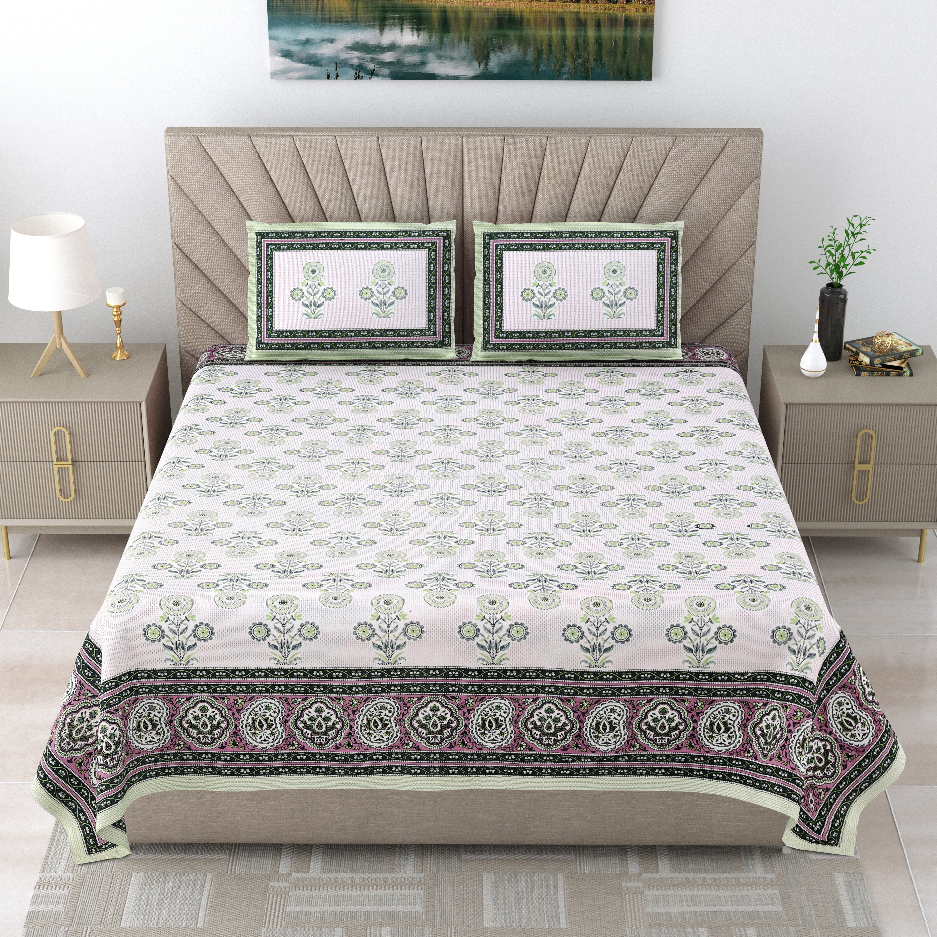 250 TC Pure Cotton | Multicolor Traditional Jaipuri Prints | Premium Quality King Size Bedsheet with 2 Pillow Covers (90*108 Inch)