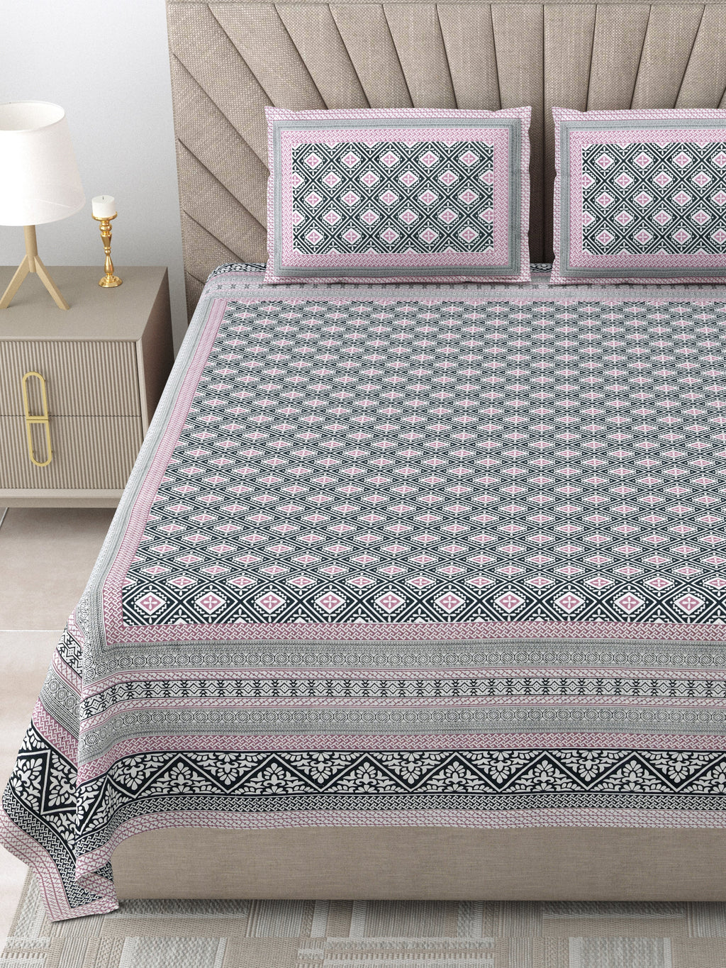 250 TC Pure Cotton | Multicolor Traditional Jaipuri Prints | Premium Quality King Size Bedsheet with 2 Pillow Covers (90*108 Inch)