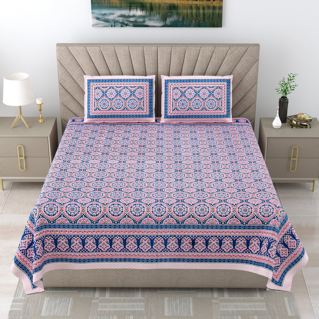 250 TC Pure Cotton | Multicolor Traditional Jaipuri Prints | Premium Quality King Size Bedsheet with 2 Pillow Covers (90*108 Inch)