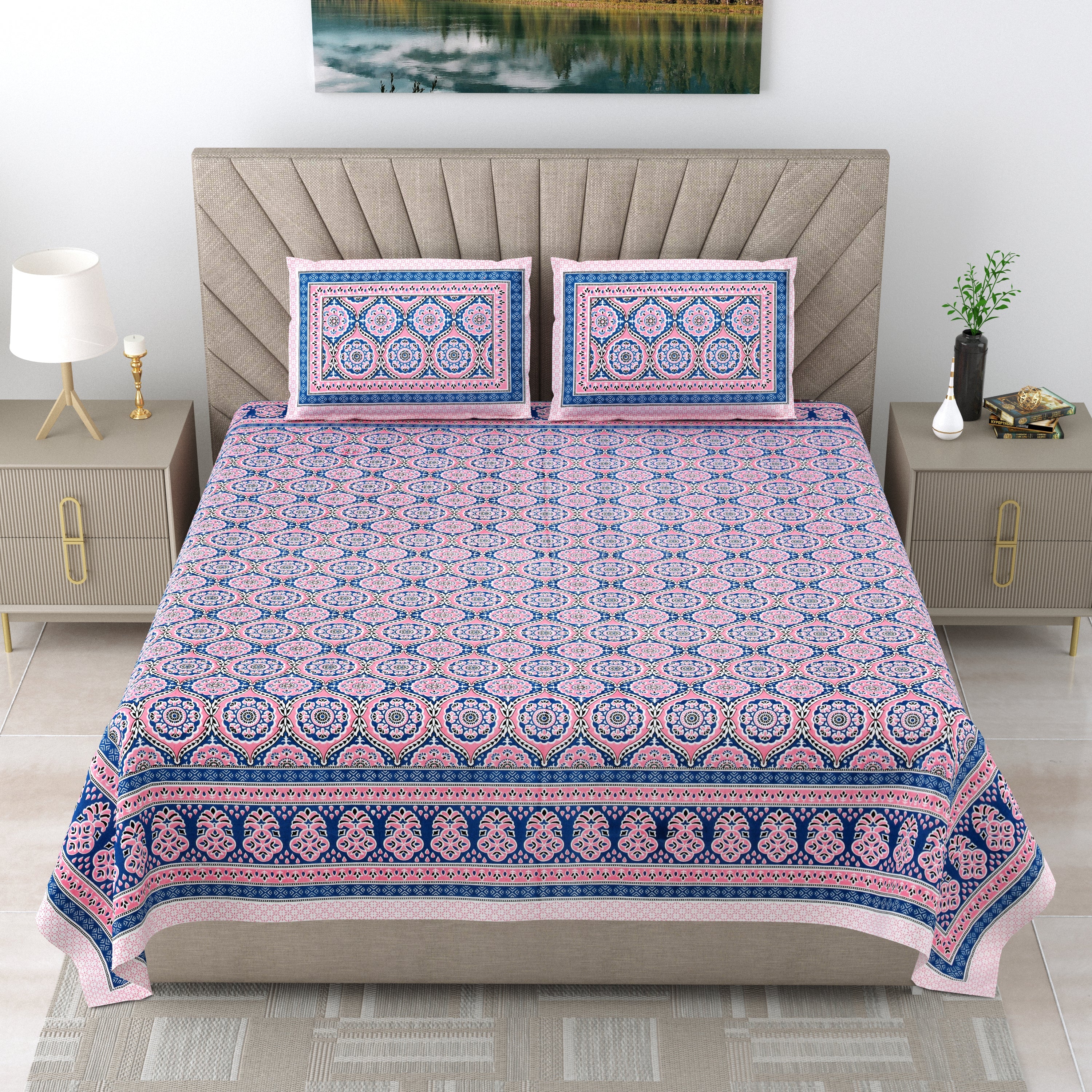 250 TC Pure Cotton | Multicolor Traditional Jaipuri Prints | Premium Quality King Size Bedsheet with 2 Pillow Covers (90*108 Inch)