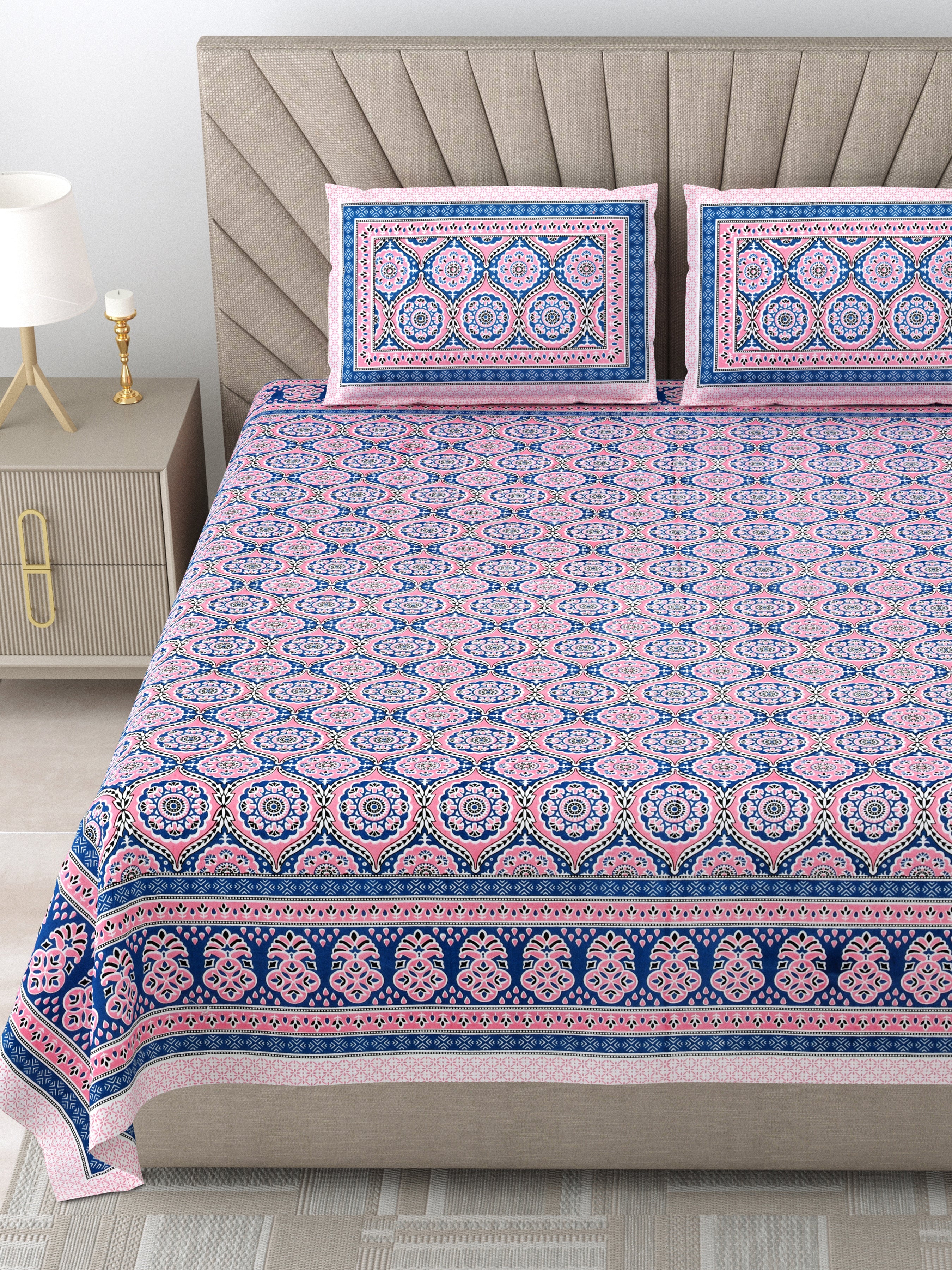 250 TC Pure Cotton | Multicolor Traditional Jaipuri Prints | Premium Quality King Size Bedsheet with 2 Pillow Covers (90*108 Inch)