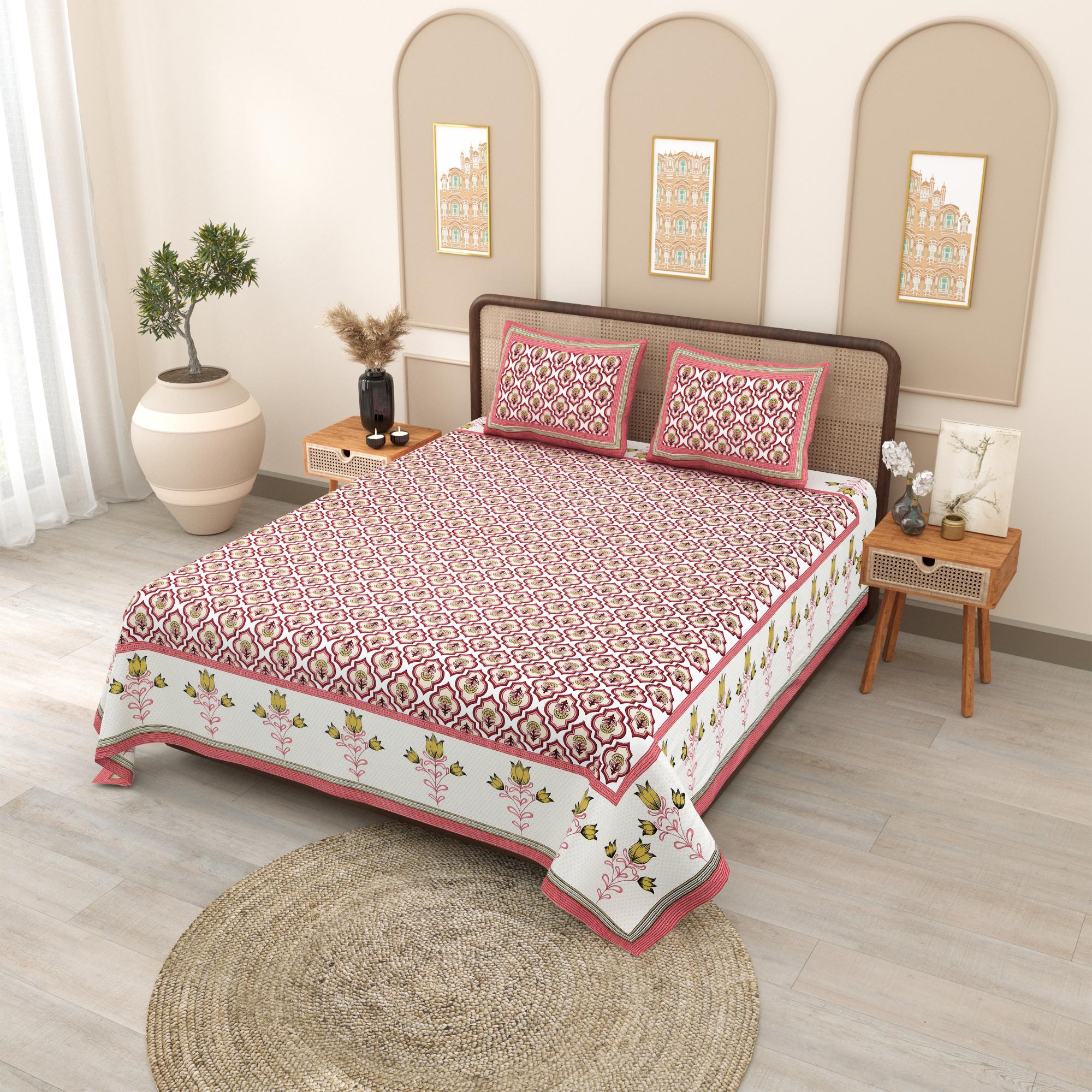 PHULKARI 90*108 Inch Premium Quality DOUBLE Bedsheet with 2 Pillow Covers (17*27 Inch)