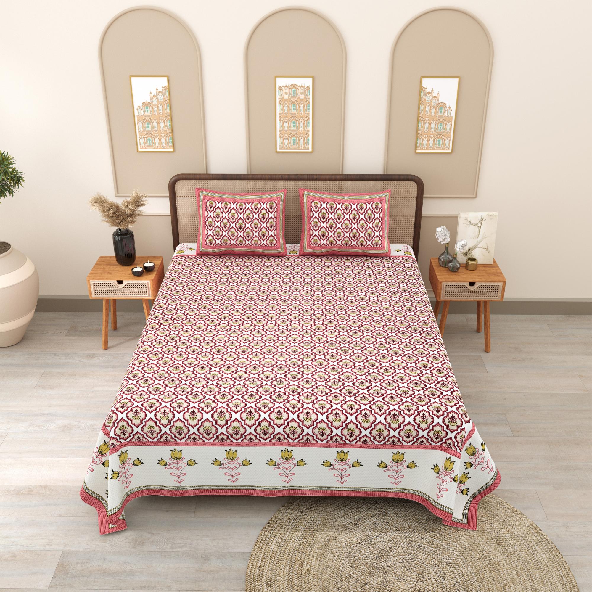 PHULKARI 90*108 Inch Premium Quality DOUBLE Bedsheet with 2 Pillow Covers (17*27 Inch)