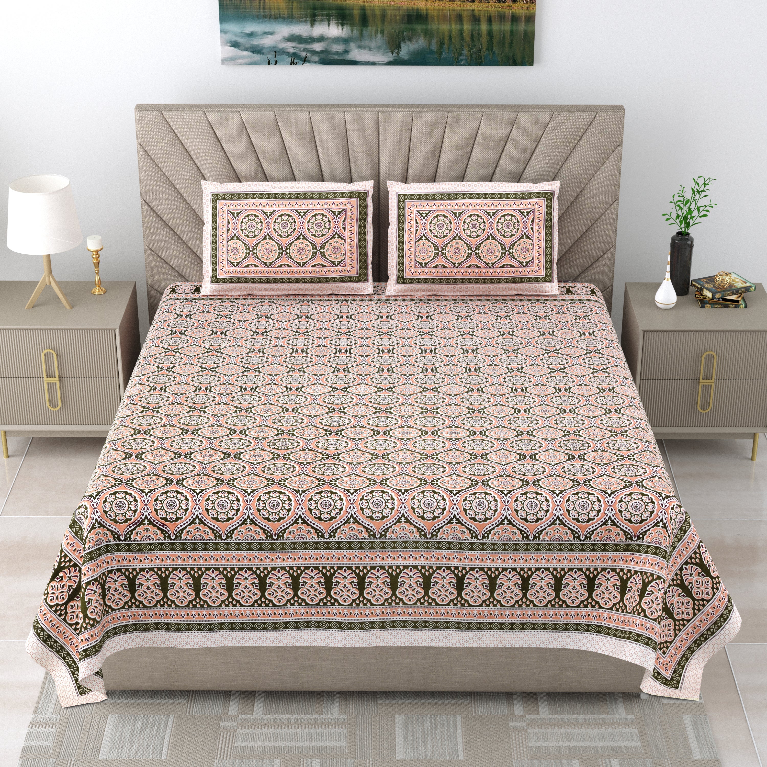 250 TC Pure Cotton | Multicolor Traditional Jaipuri Prints | Premium Quality King Size Bedsheet with 2 Pillow Covers (90*108 Inch)