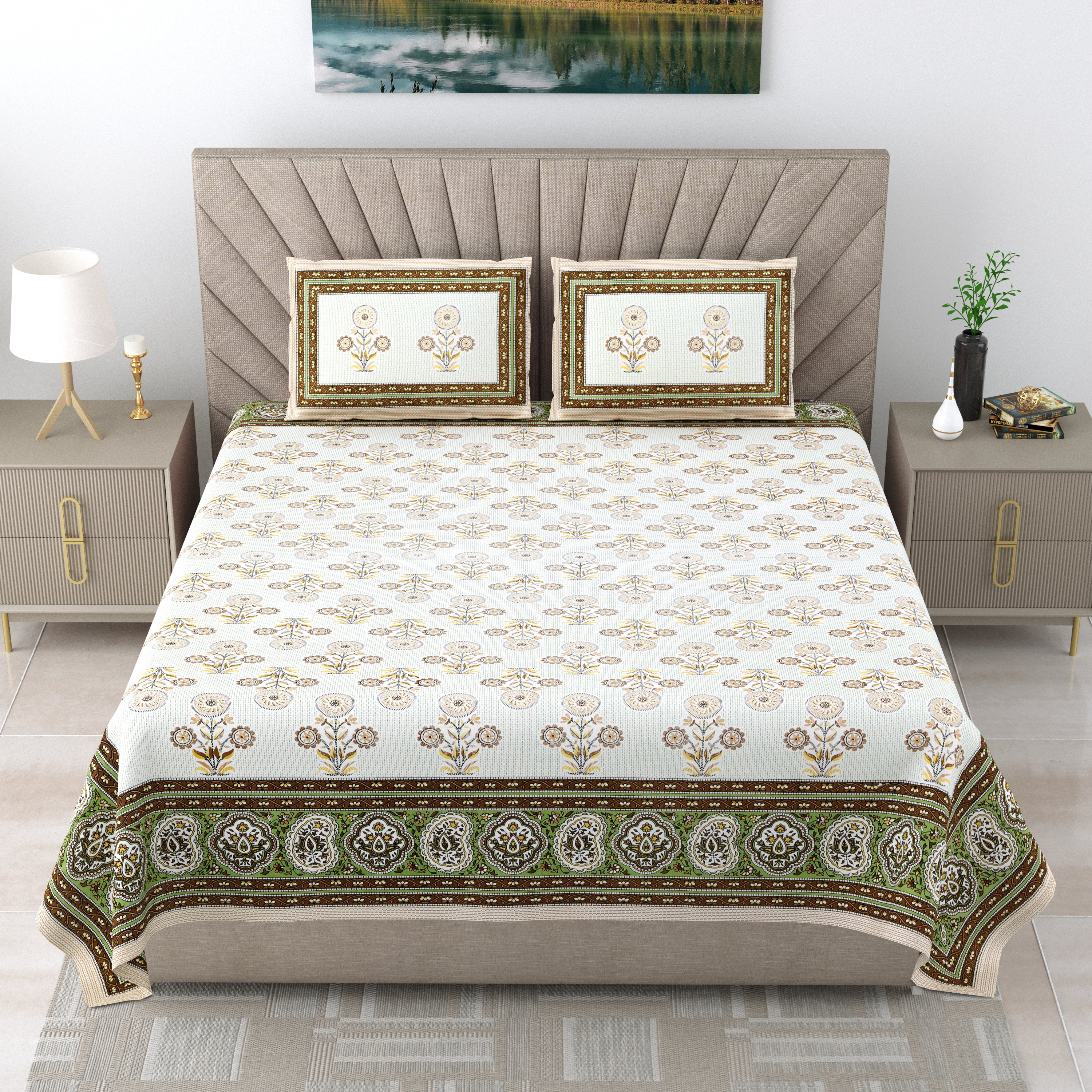 250 TC Pure Cotton | Multicolor Traditional Jaipuri Prints | Premium Quality King Size Bedsheet with 2 Pillow Covers (90*108 Inch)