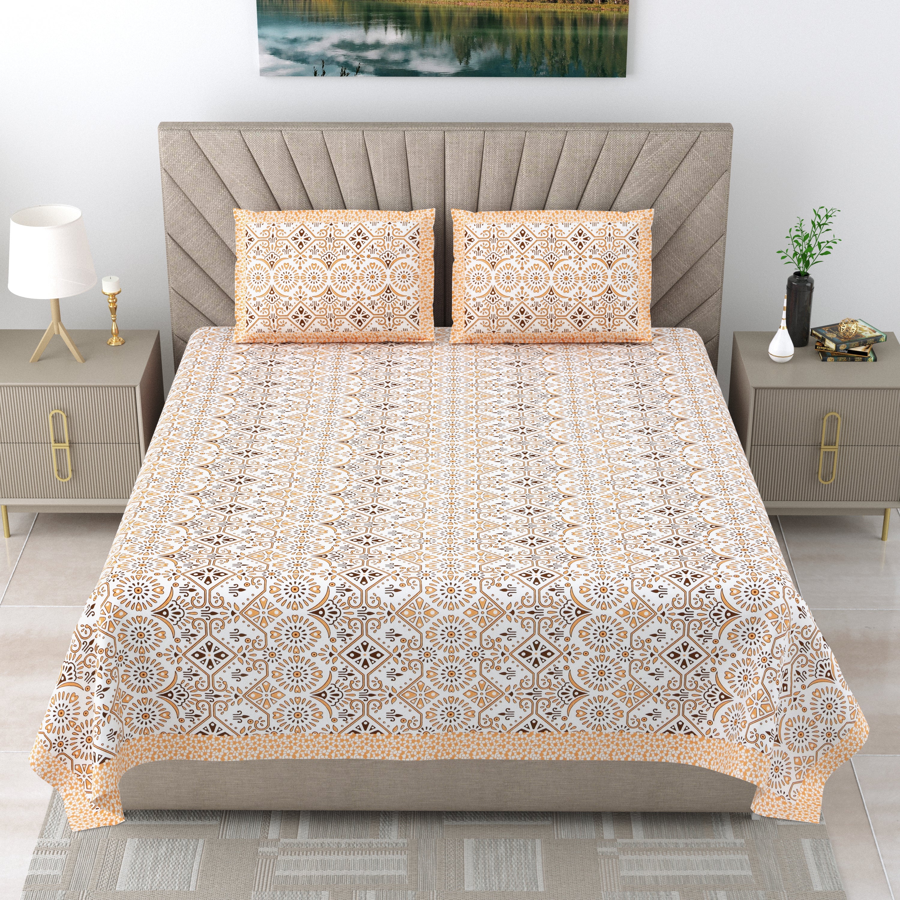 250 TC Pure Cotton | Multicolor Traditional Jaipuri Prints | Premium Quality King Size Bedsheet with 2 Pillow Covers (90*108 Inch)