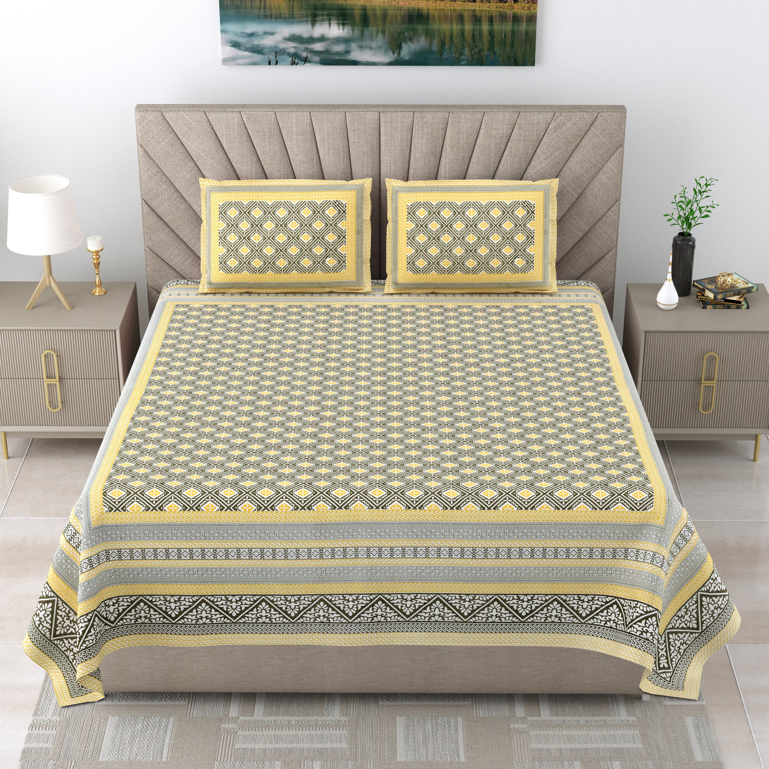 250 TC Pure Cotton | Multicolor Traditional Jaipuri Prints | Premium Quality King Size Bedsheet with 2 Pillow Covers (90*108 Inch)