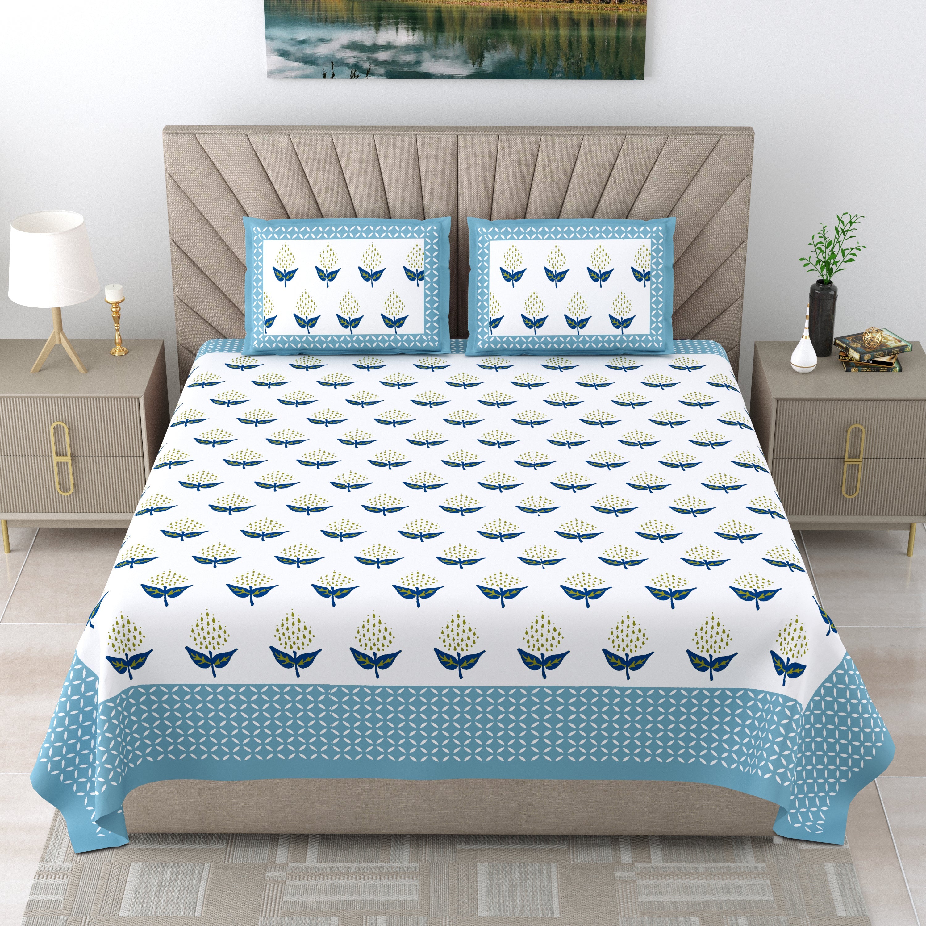 90X108 Inch King Size Pure Cotton 250 TC Premium  Bedsheet with 2 Pillow Covers