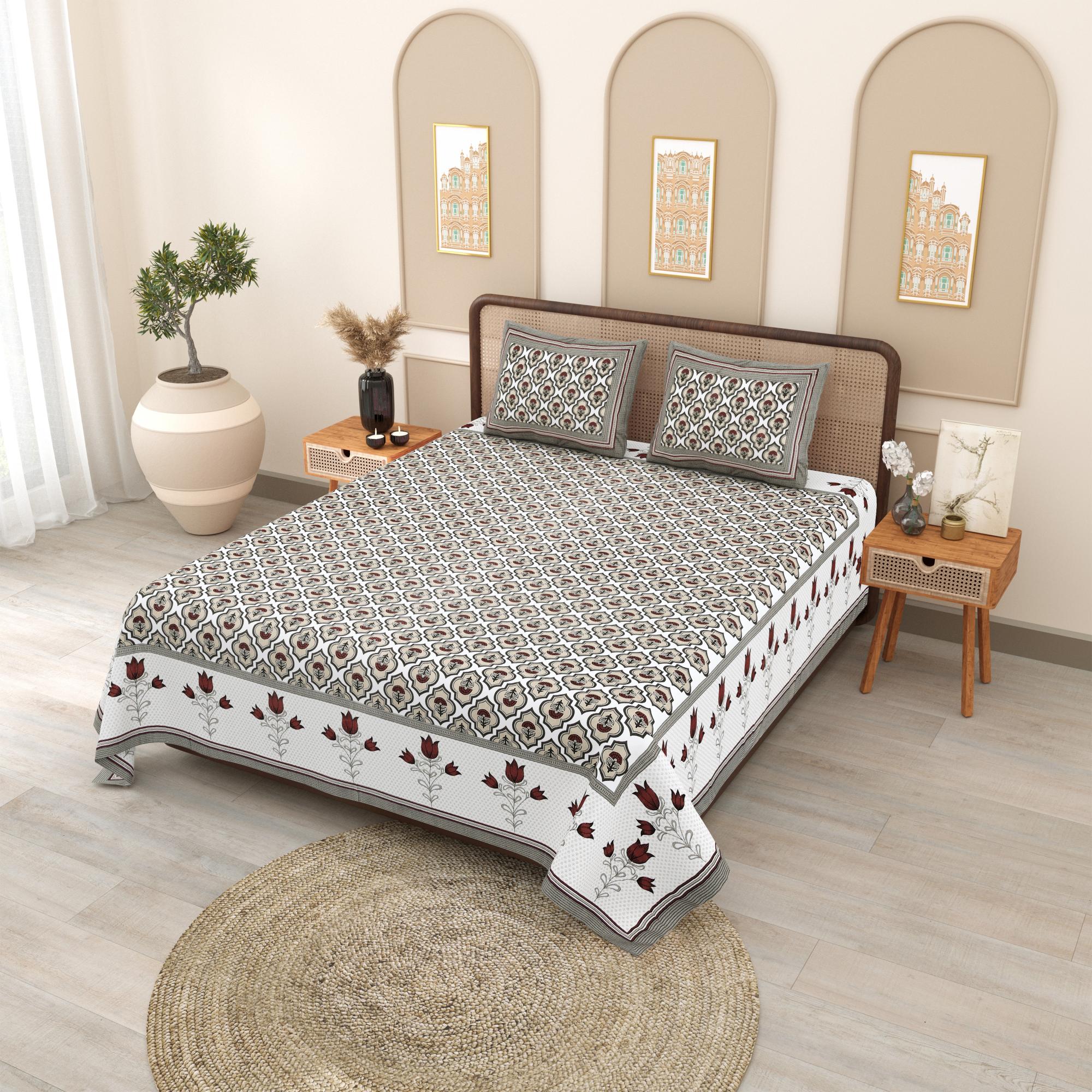 PHULKARI 90*108 Inch Premium Quality DOUBLE Bedsheet with 2 Pillow Covers (17*27 Inch)