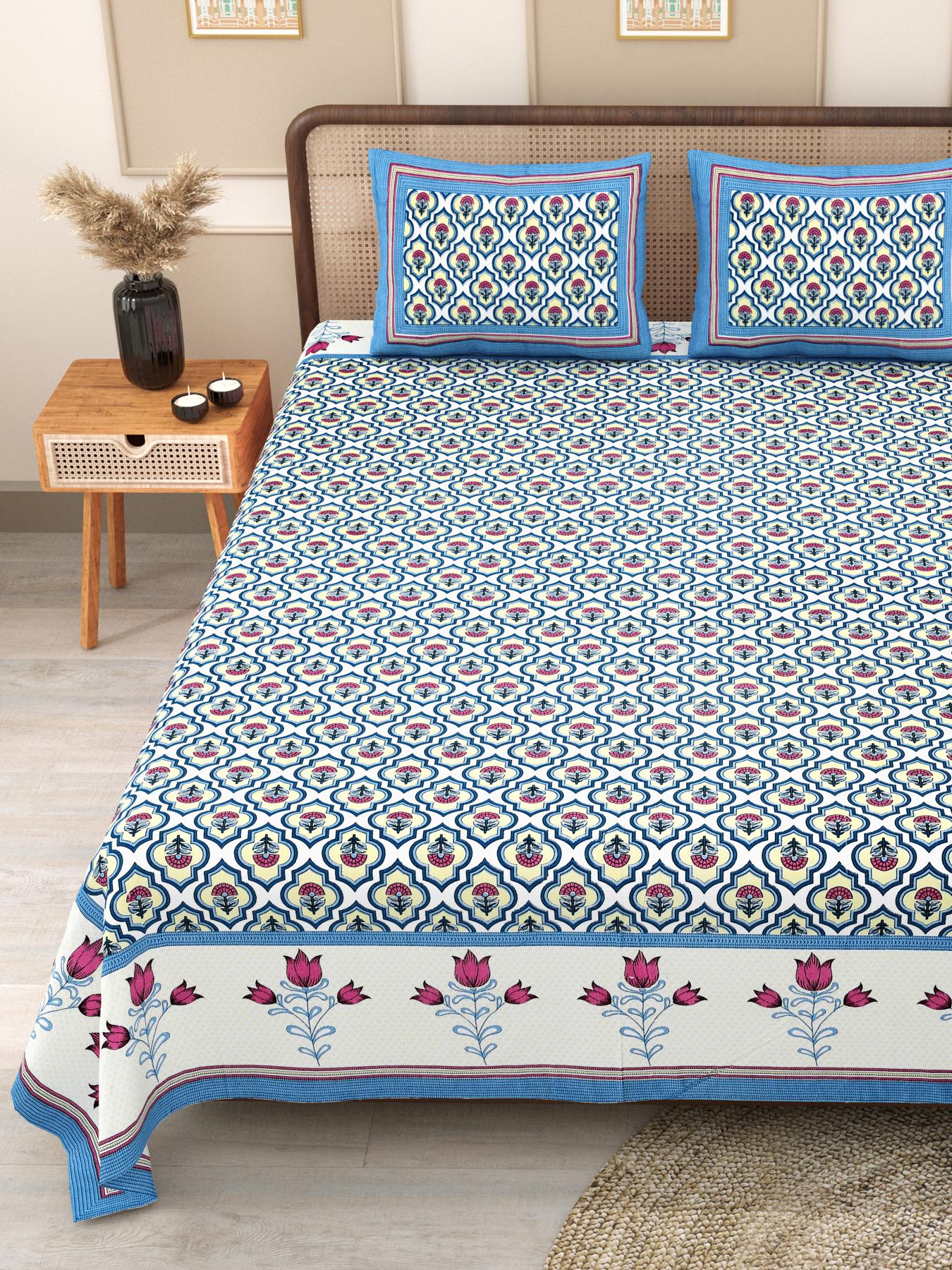 PHULKARI 90*108 Inch Premium Quality DOUBLE Bedsheet with 2 Pillow Covers (17*27 Inch)