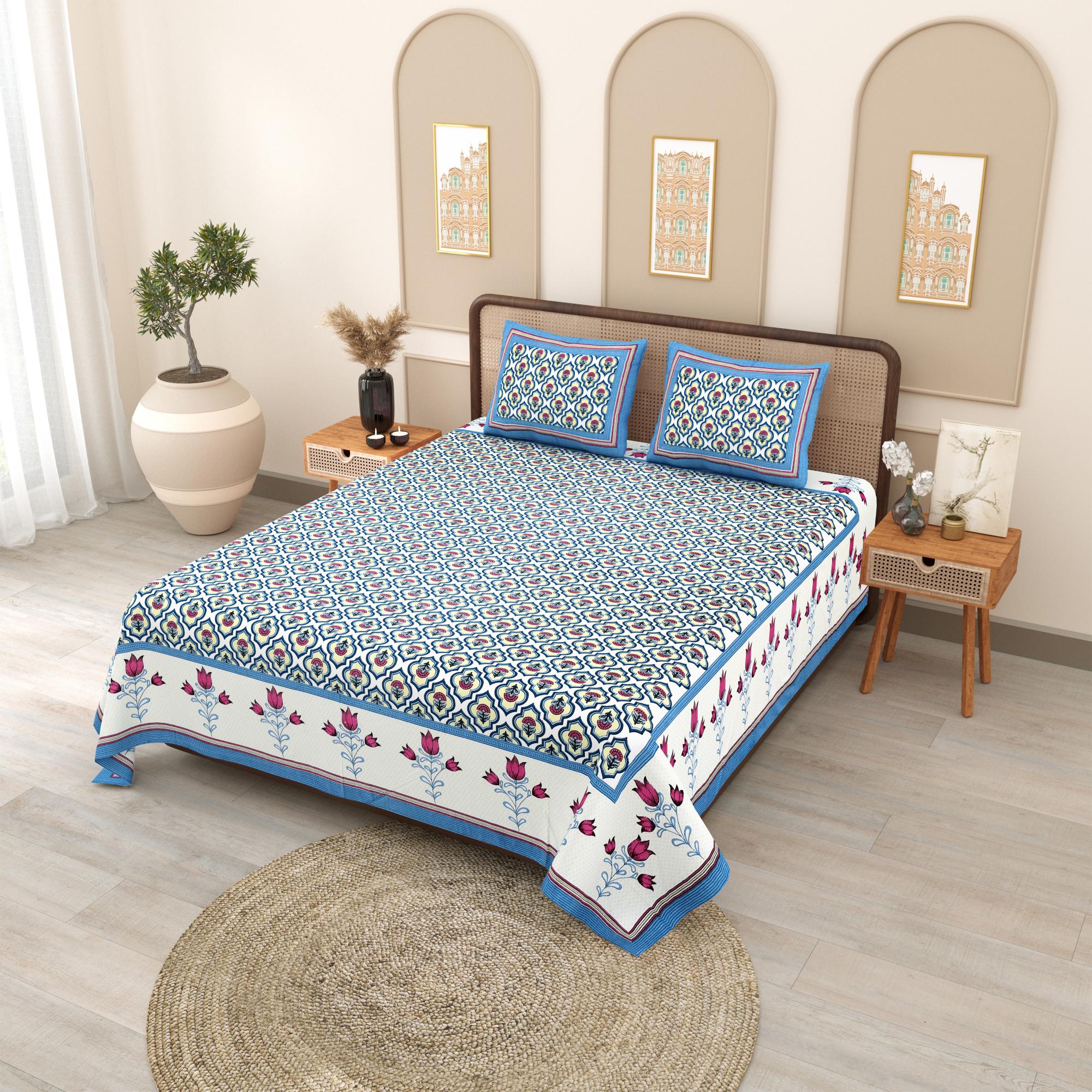 PHULKARI 90*108 Inch Premium Quality DOUBLE Bedsheet with 2 Pillow Covers (17*27 Inch)