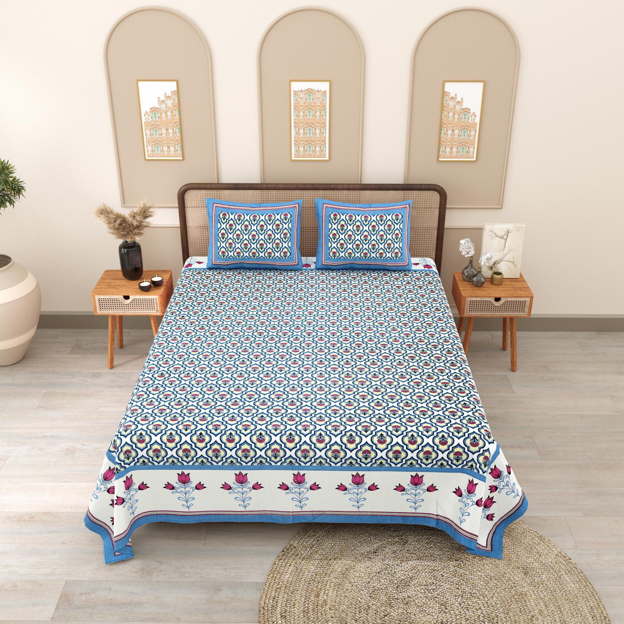 PHULKARI 90*108 Inch Premium Quality DOUBLE Bedsheet with 2 Pillow Covers (17*27 Inch)